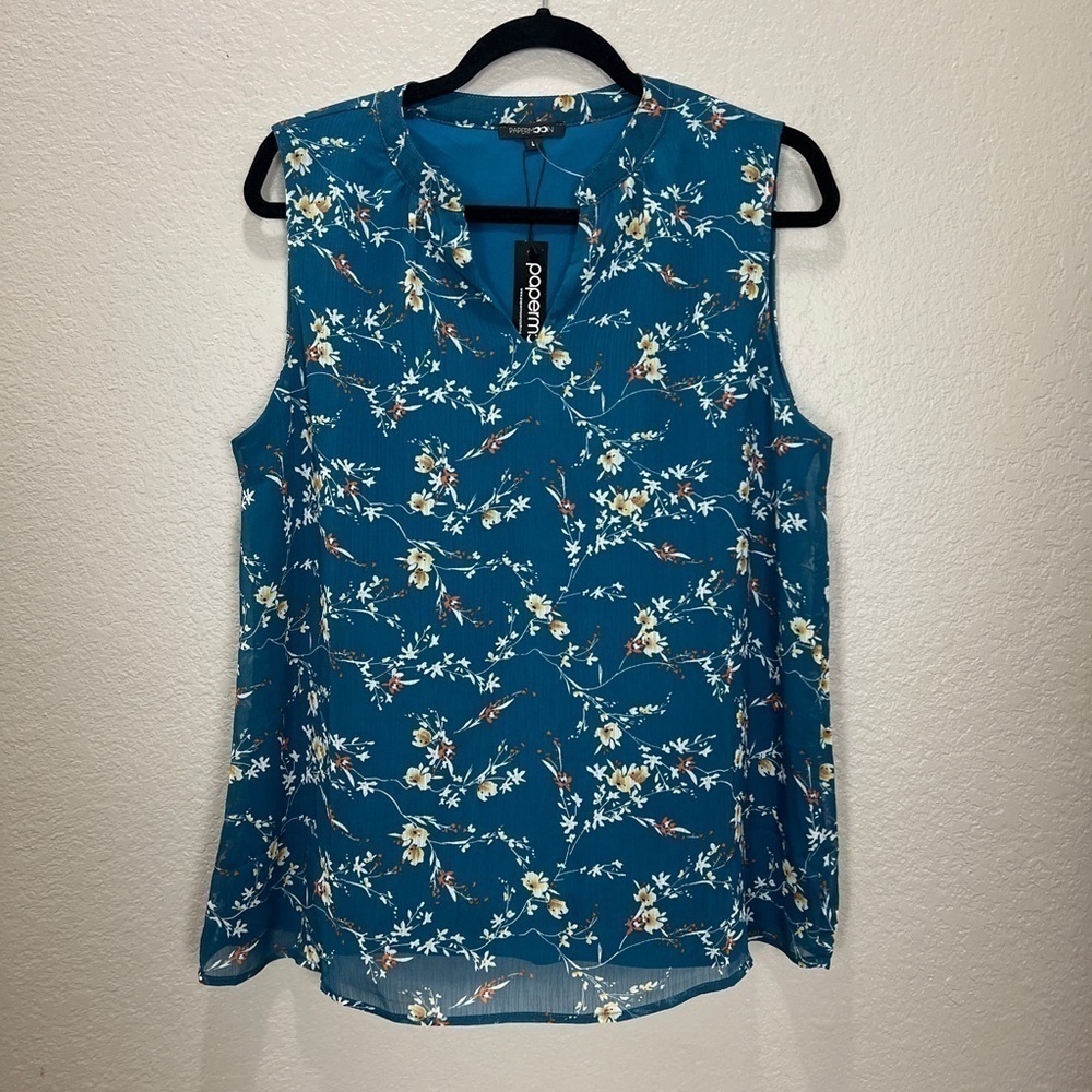 Papermoon Top Blouse Womens Large Teal Blue Floral Sleeveless